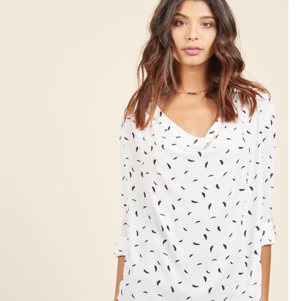 ModCloth NWOT Black white feather blouse